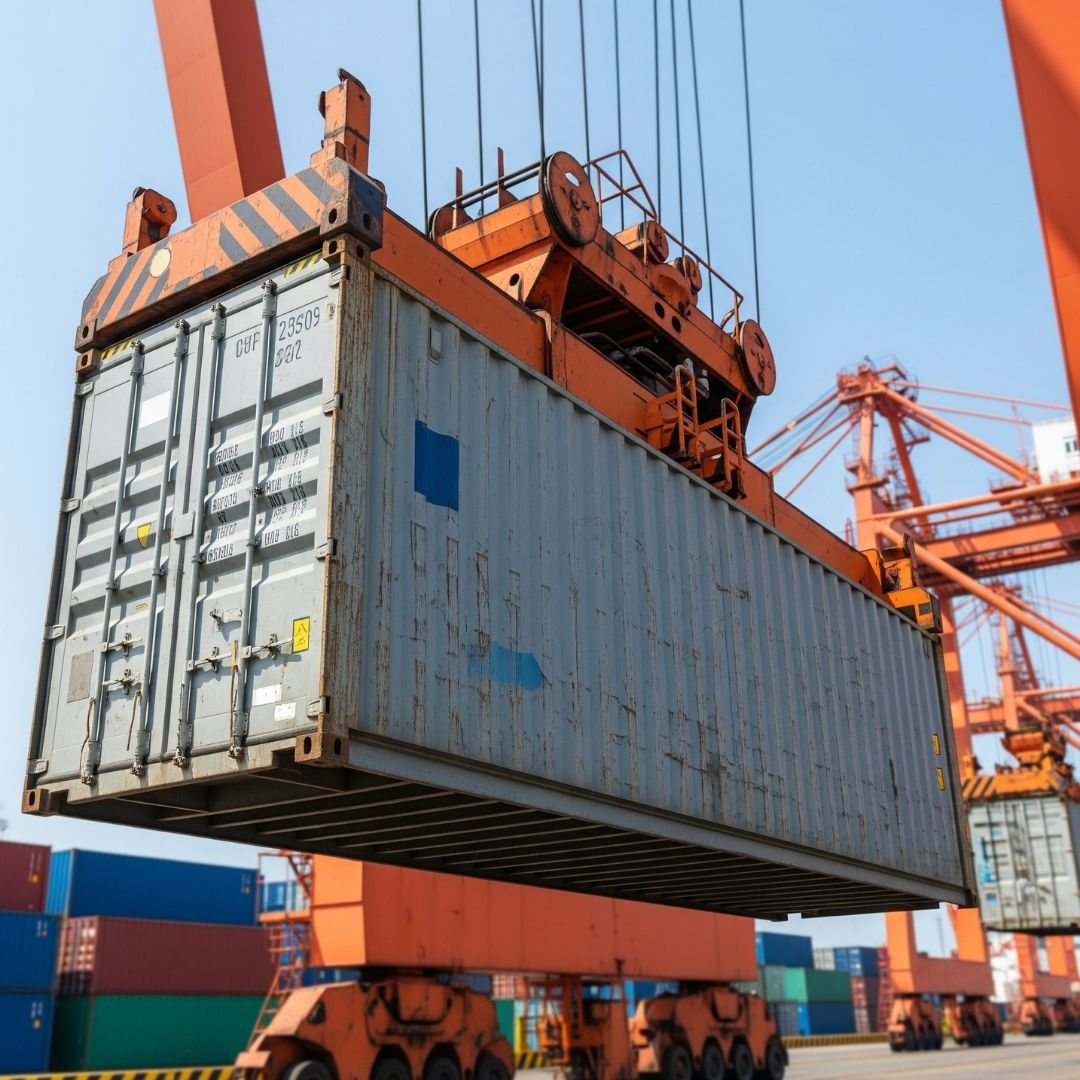 A close-up of a shipping container being lifted by a crane at a port.