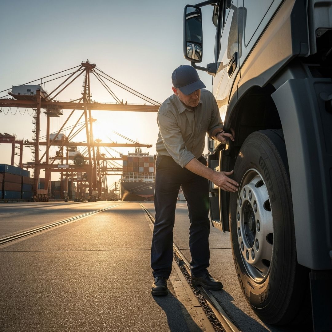 A truck driver inspecting their truck with a shipping port in the background.