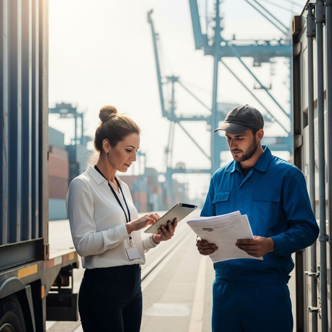 A logistics manager and a driver coordinating at a port.