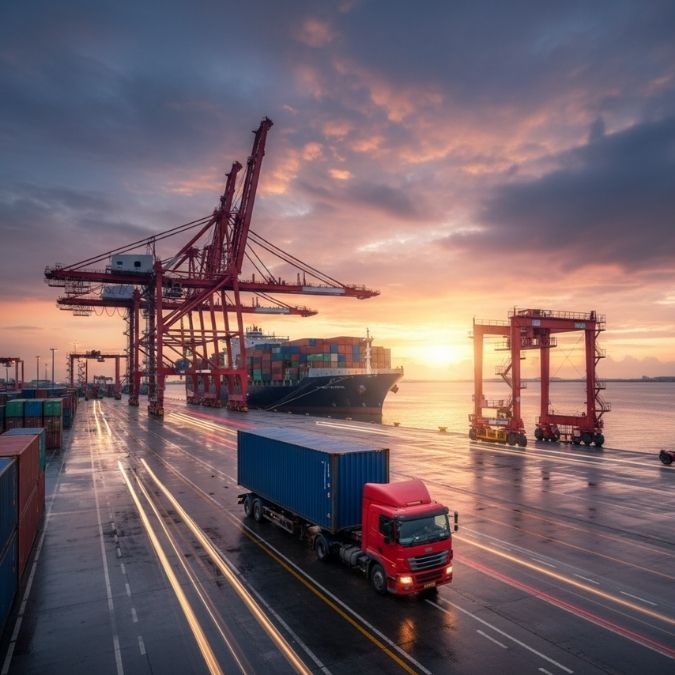 A red semi-truck hauling a shipping container quickly leaving a bustling port at sunset, illustrating efficient pier drayage.