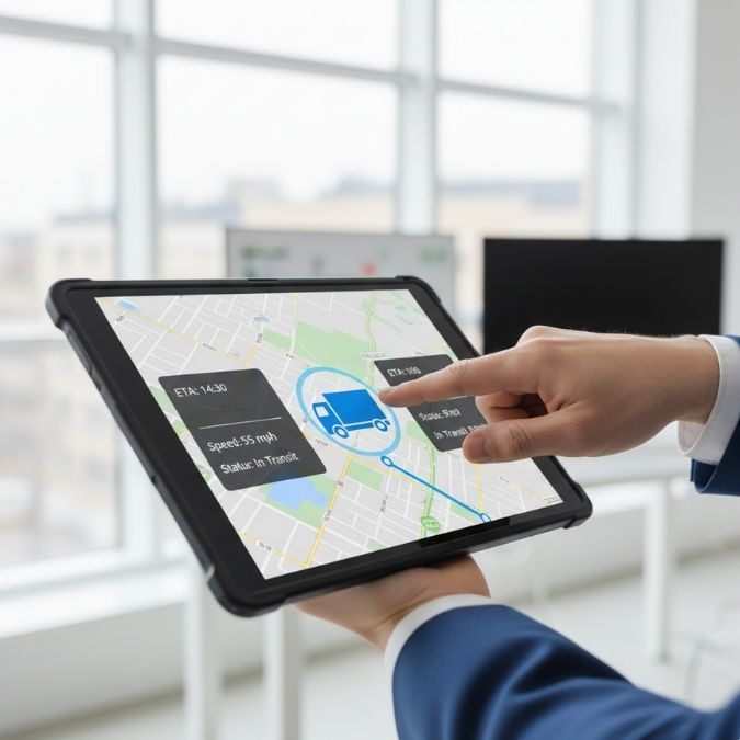A logistics tablet showing real-time GPS tracking of a truck on a map, representing technological transparency.